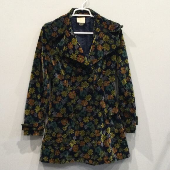 Vintage Womens Velvet Peacoat Size Medium Small Flower Power Green Y2K Retro - Picture 1 of 7